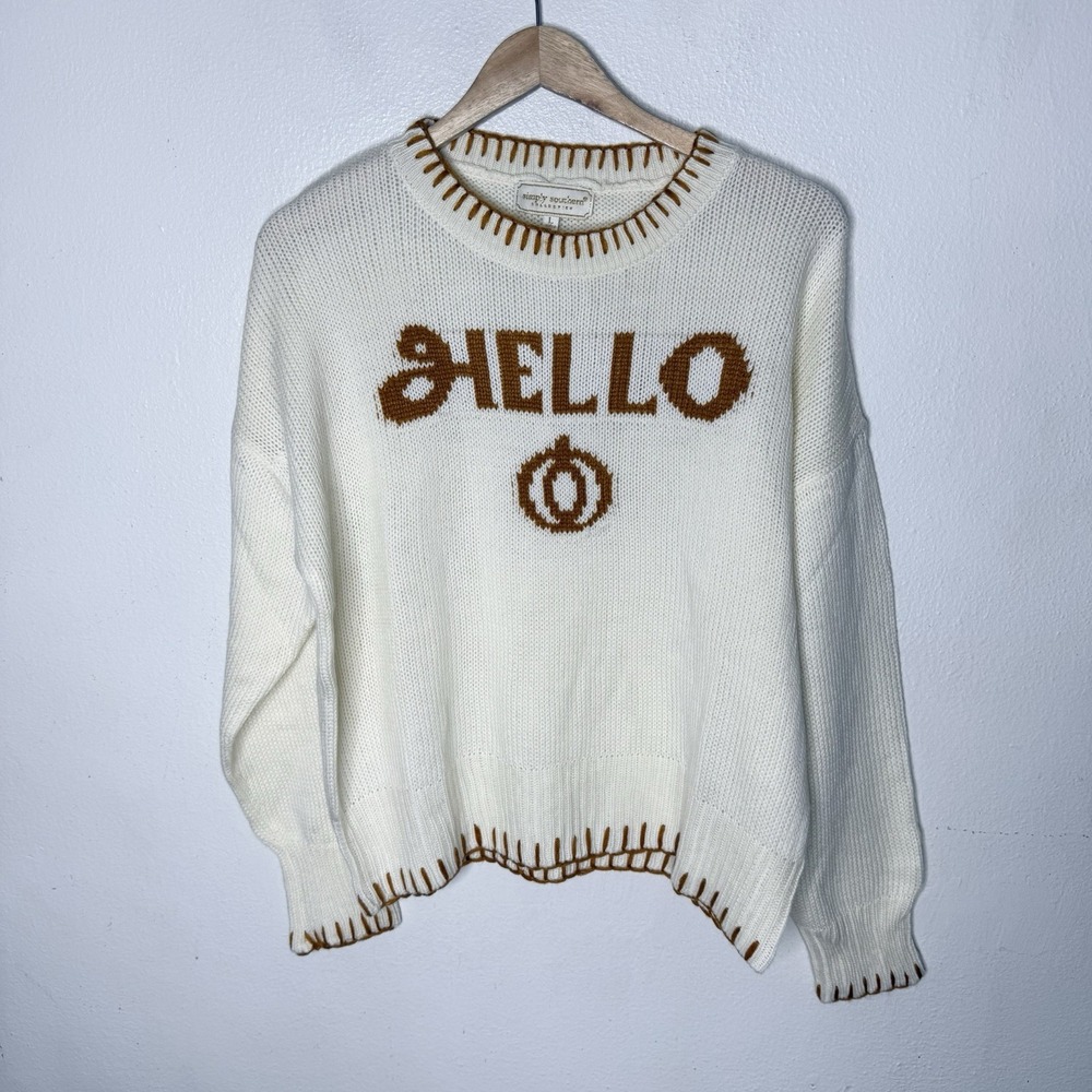 New Simply Southern Imee Hello Fall Pumpkin Knit Sweater Ivory Women's Large
